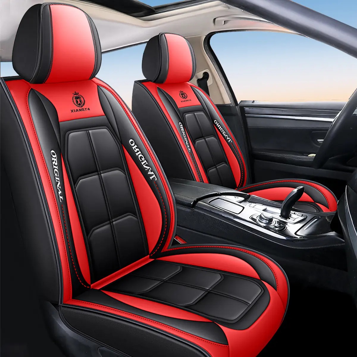 Fundas de asiento de cuero de lujo para automóvil (5 plazas) — Interfaz universal para airbag de seguridad — Impermeables, antideslizantes y fáciles de limpiar — Juego completo en color negro — Regalo ideal para el coche.