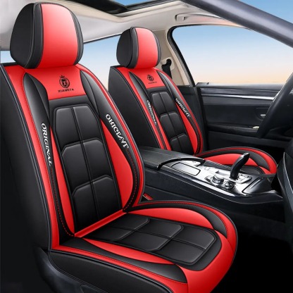 Fundas de asiento de cuero de lujo para automóvil (5 plazas) — Interfaz universal para airbag de seguridad — Impermeables, antideslizantes y fáciles de limpiar — Juego completo en color negro — Regalo ideal para el coche.