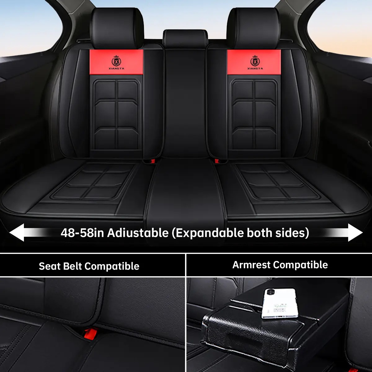 Fundas de asiento de cuero de lujo para automóvil (5 plazas) — Interfaz universal para airbag de seguridad — Impermeables, antideslizantes y fáciles de limpiar — Juego completo en color negro — Regalo ideal para el coche.