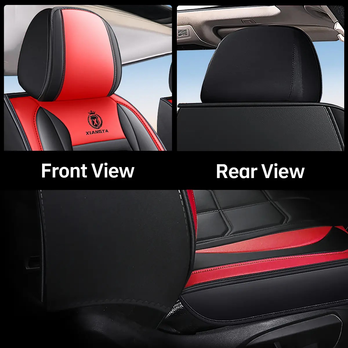 Fundas de asiento de cuero de lujo para automóvil (5 plazas) — Interfaz universal para airbag de seguridad — Impermeables, antideslizantes y fáciles de limpiar — Juego completo en color negro — Regalo ideal para el coche.