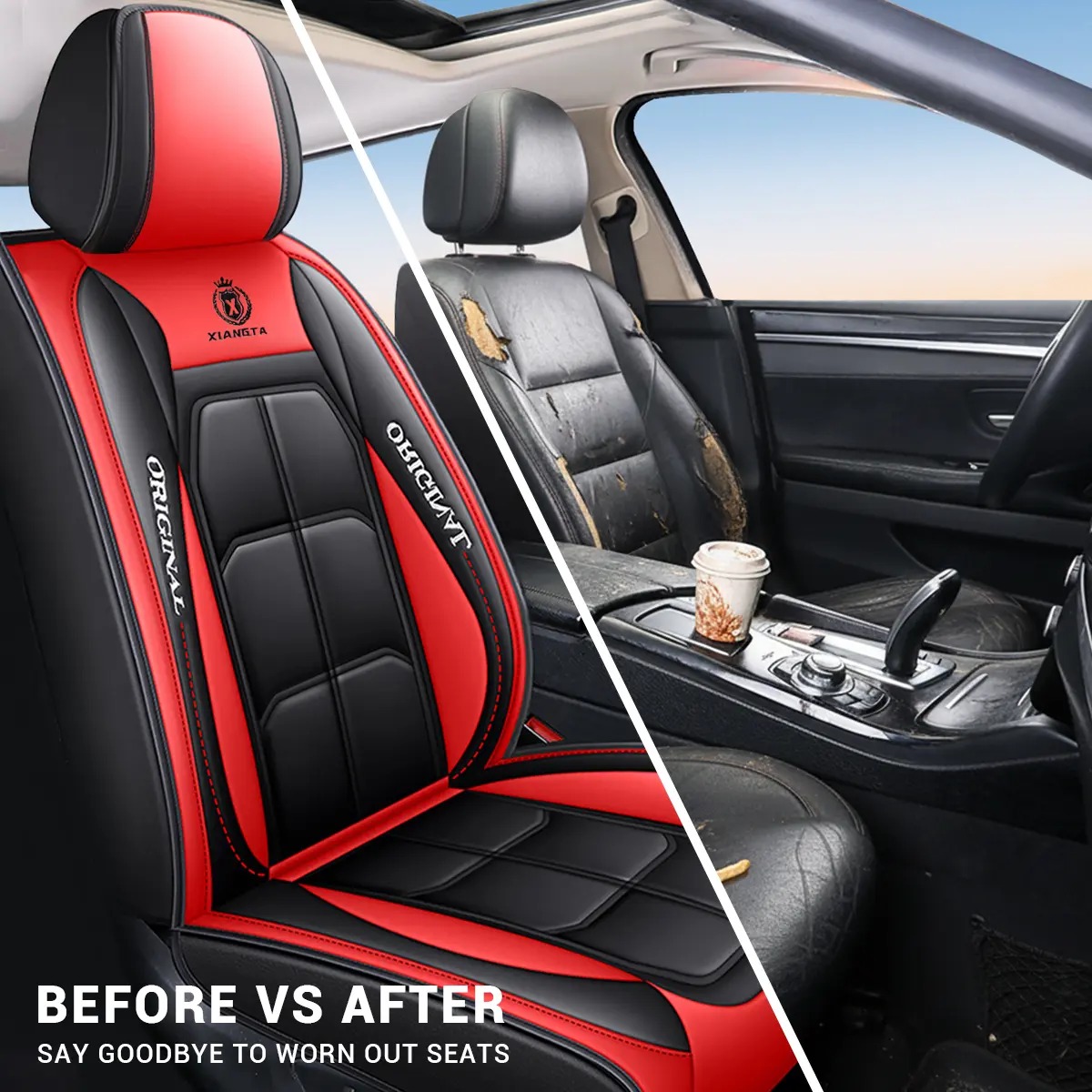 Fundas de asiento de cuero de lujo para automóvil (5 plazas) — Interfaz universal para airbag de seguridad — Impermeables, antideslizantes y fáciles de limpiar — Juego completo en color negro — Regalo ideal para el coche.