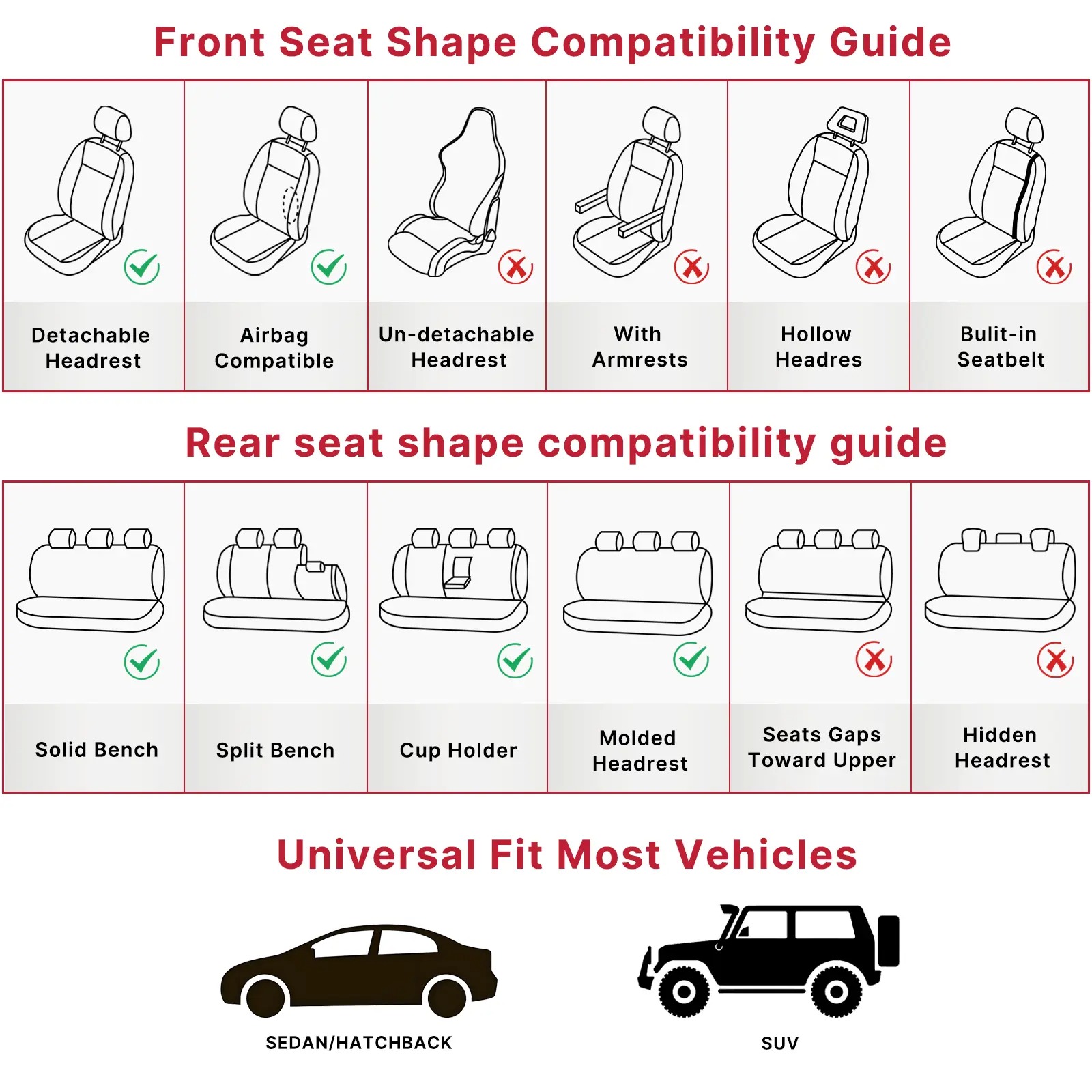 Fundas de asiento de cuero de lujo para automóvil (5 plazas) — Interfaz universal para airbag de seguridad — Impermeables, antideslizantes y fáciles de limpiar — Juego completo en color negro — Regalo ideal para el coche.