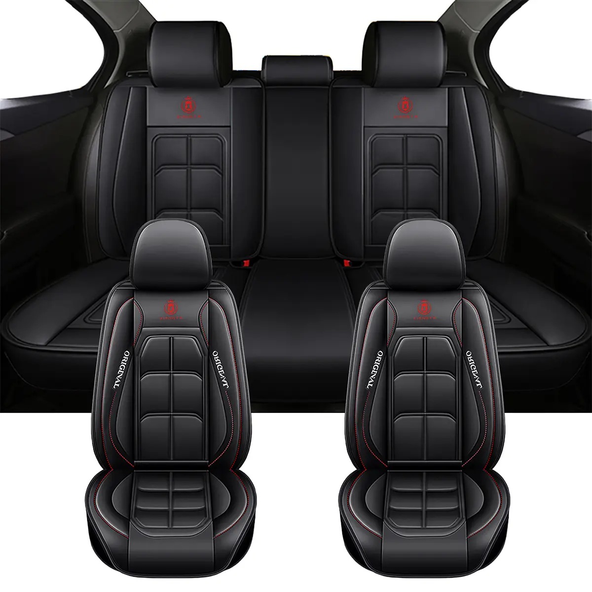Fundas de asiento de cuero de lujo para automóvil (5 plazas) — Interfaz universal para airbag de seguridad — Impermeables, antideslizantes y fáciles de limpiar — Juego completo en color negro — Regalo ideal para el coche.