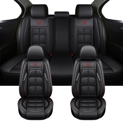Fundas de asiento de cuero de lujo para automóvil (5 plazas) — Interfaz universal para airbag de seguridad — Impermeables, antideslizantes y fáciles de limpiar — Juego completo en color negro — Regalo ideal para el coche.