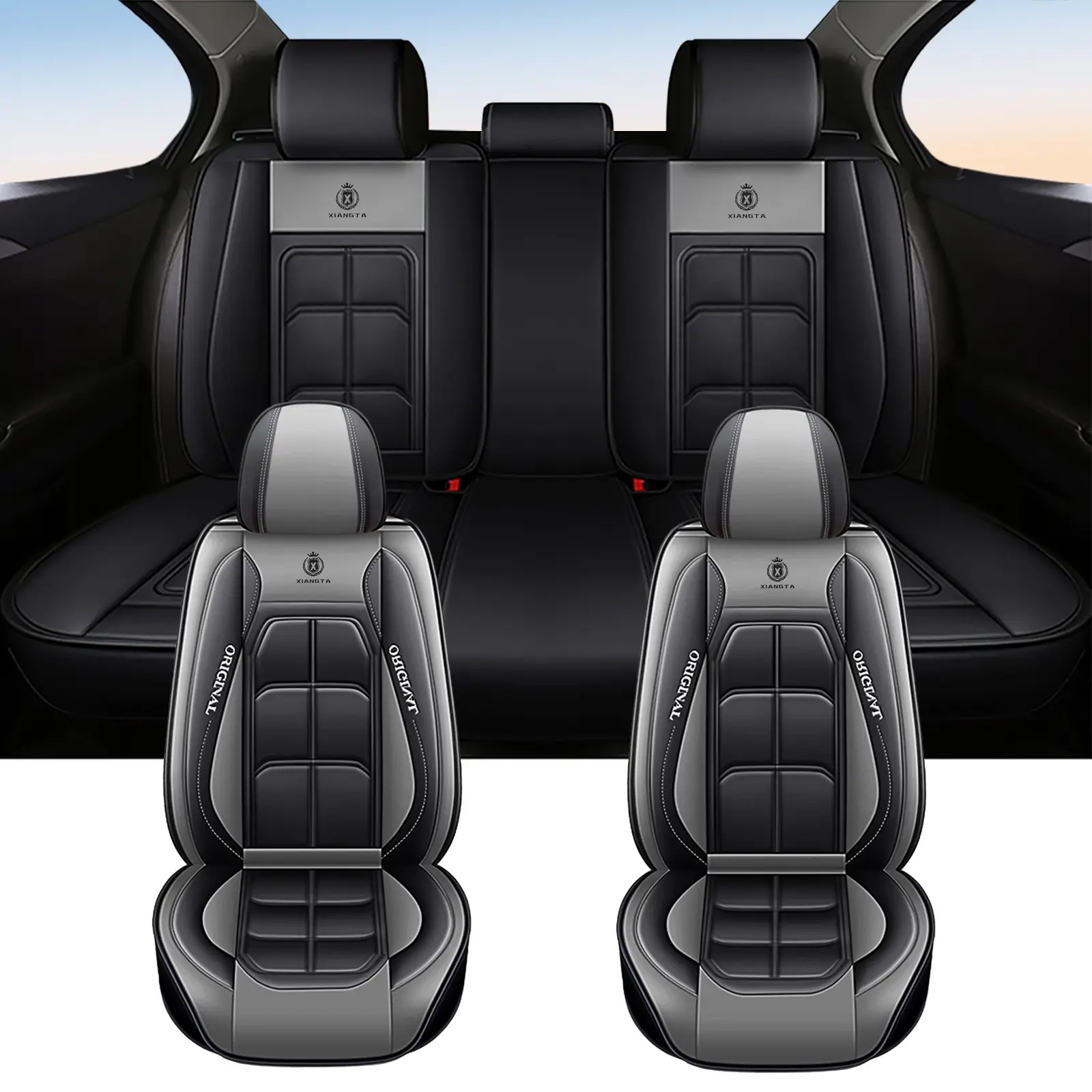Fundas de asiento de cuero de lujo para automóvil (5 plazas) — Interfaz universal para airbag de seguridad — Impermeables, antideslizantes y fáciles de limpiar — Juego completo en color negro — Regalo ideal para el coche.
