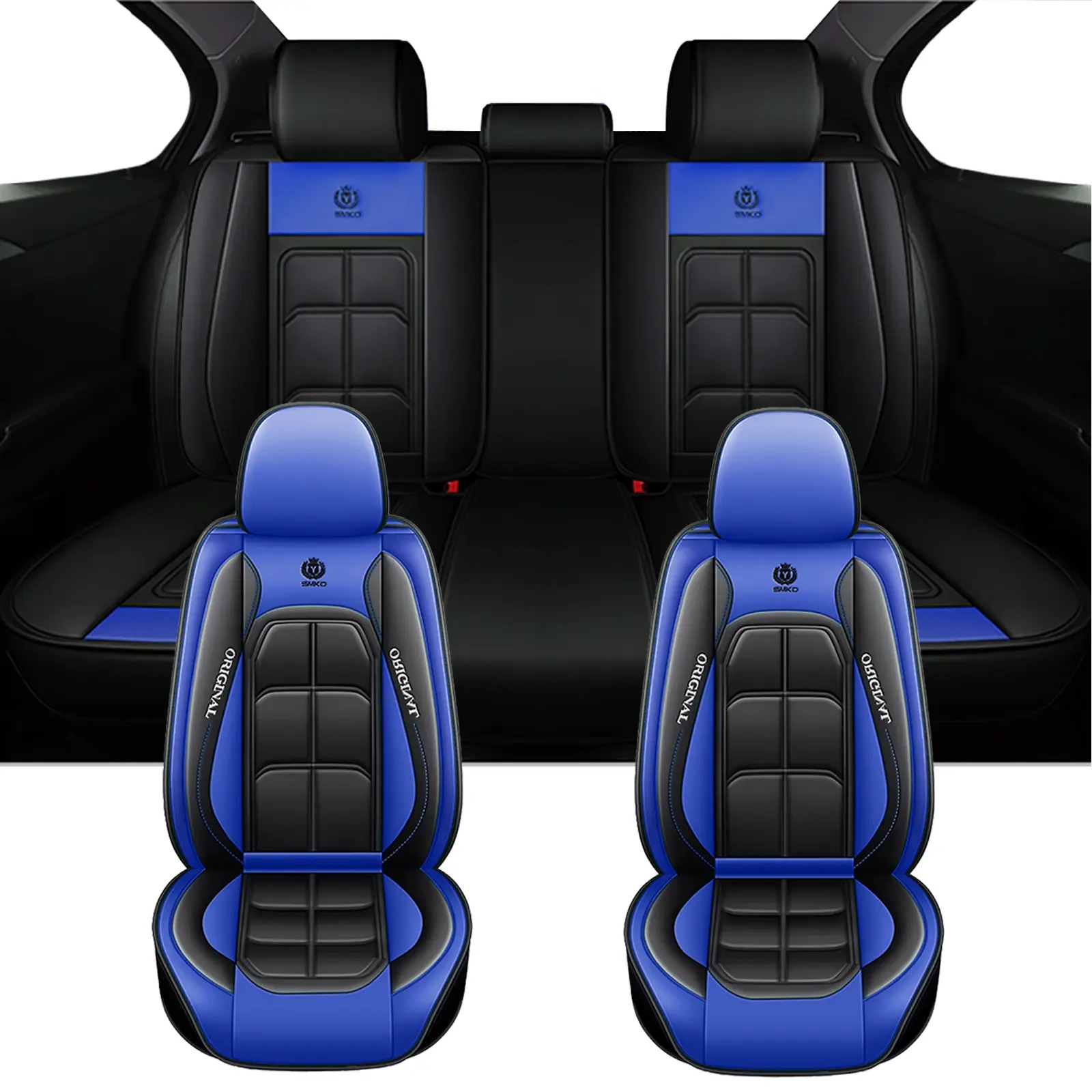 Fundas de asiento de cuero de lujo para automóvil (5 plazas) — Interfaz universal para airbag de seguridad — Impermeables, antideslizantes y fáciles de limpiar — Juego completo en color negro — Regalo ideal para el coche.