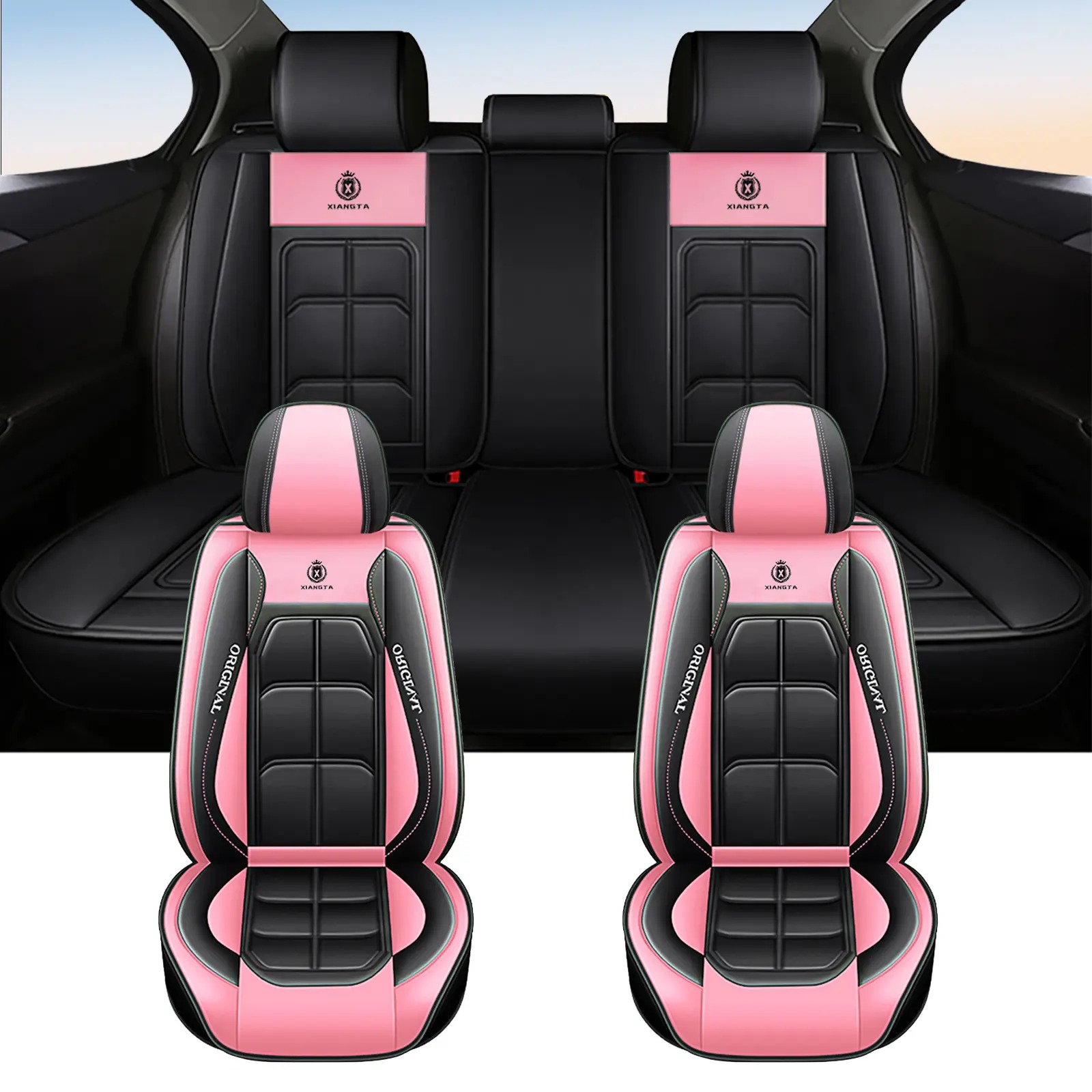 Fundas de asiento de cuero de lujo para automóvil (5 plazas) — Interfaz universal para airbag de seguridad — Impermeables, antideslizantes y fáciles de limpiar — Juego completo en color negro — Regalo ideal para el coche.