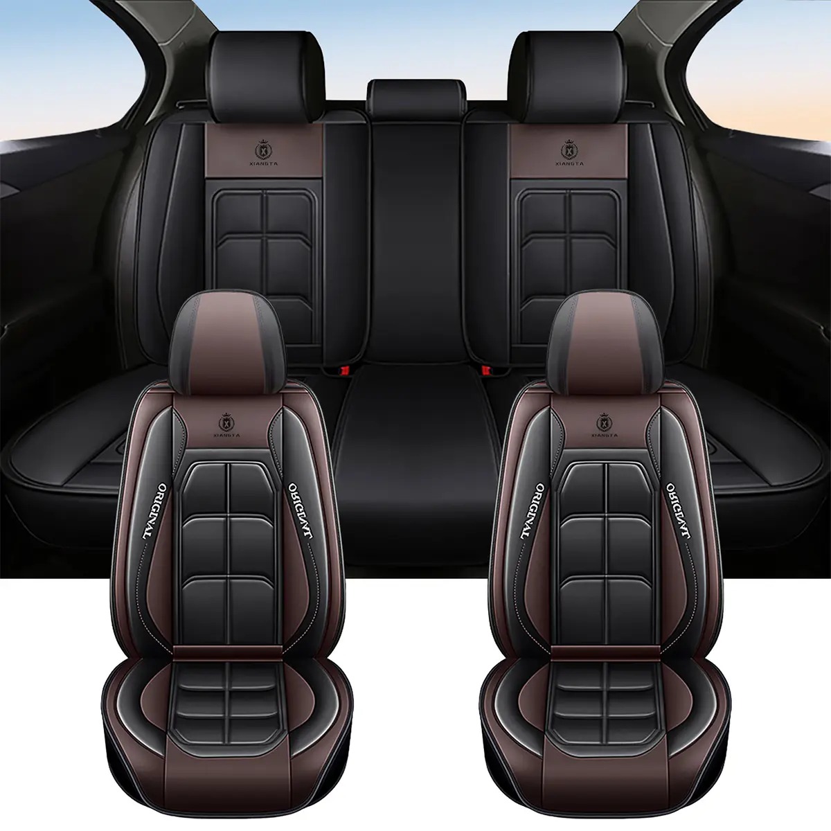 Fundas de asiento de cuero de lujo para automóvil (5 plazas) — Interfaz universal para airbag de seguridad — Impermeables, antideslizantes y fáciles de limpiar — Juego completo en color negro — Regalo ideal para el coche.