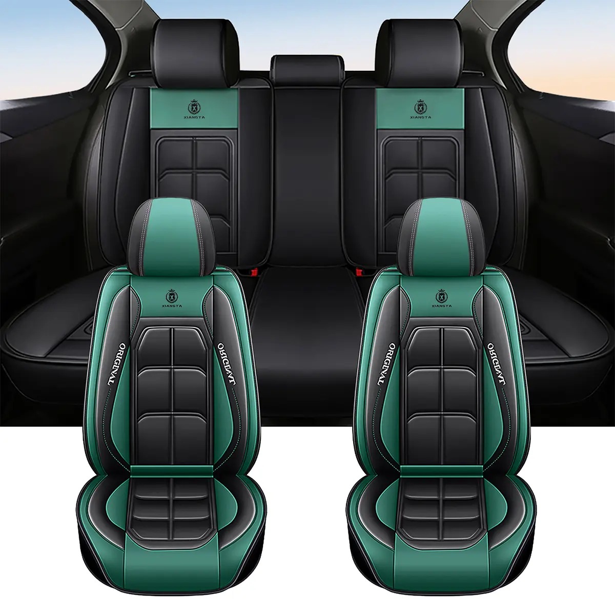 Fundas de asiento de cuero de lujo para automóvil (5 plazas) — Interfaz universal para airbag de seguridad — Impermeables, antideslizantes y fáciles de limpiar — Juego completo en color negro — Regalo ideal para el coche.