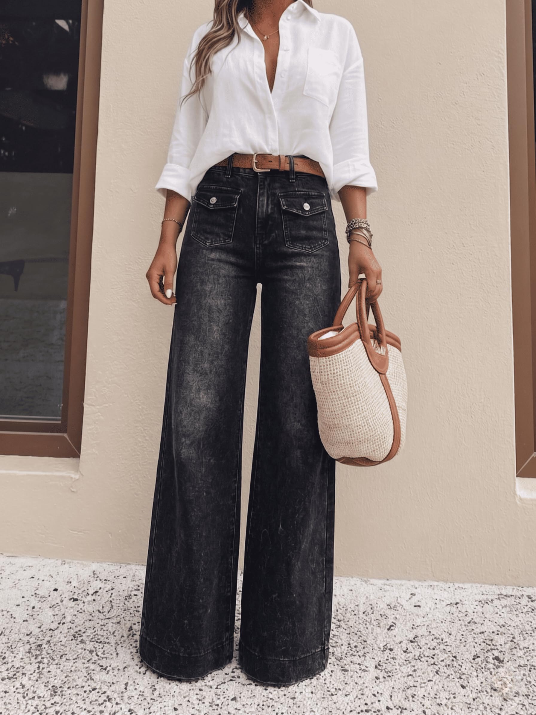 Jeans de Cintura Alta y Pierna Ancha con Bolsillos para Mujer