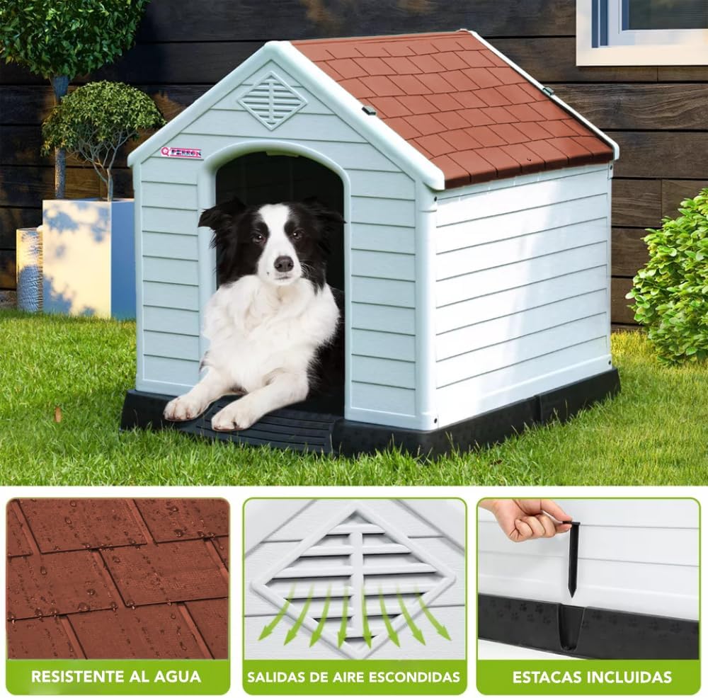 Q PERRON Casa para Perro Mediano con Puerta Metálica | para Exterior - Resistente al Agua | Térmica con Ventilación | Piso Elevado | 88 X 79 X 82 cm.