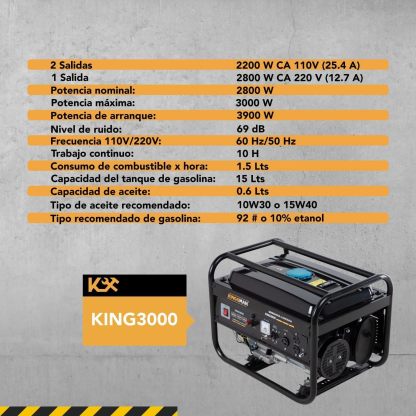 KINGSMAN | Generador Portátil de Energía a Gasolina 3000W - Motor 1 Cilindro 4 Tiempos - Estación de Energía 110/220V - 60Hz - 15L Tanque de Combustible