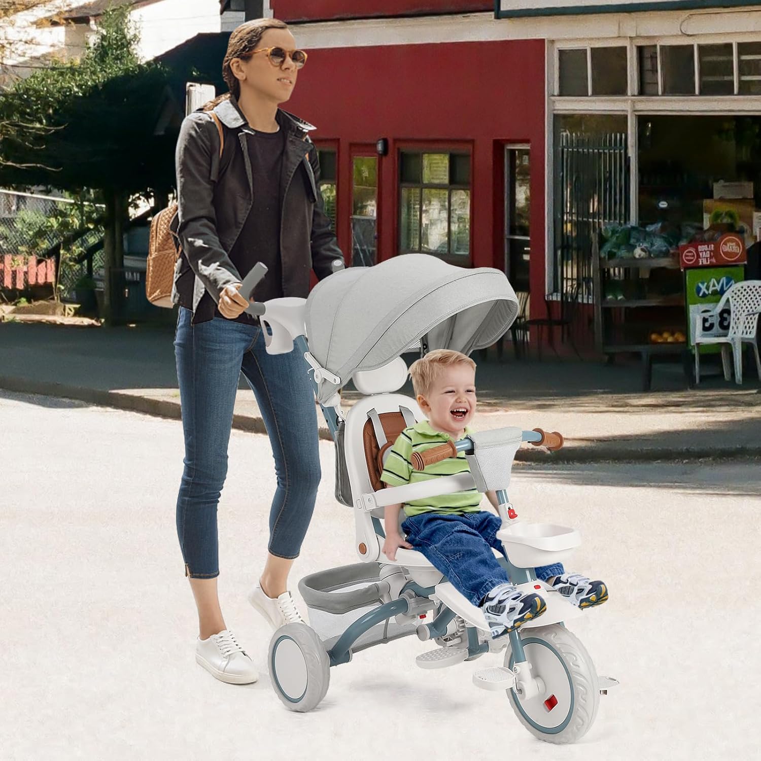 Babevy - Triciclo para bebé, 7 en 1, Plegable con Mango de Empuje Ajustable extraíble, toldo, Asiento Giratorio, arnés de Seguridad, portavasos y Almacenamiento, Triciclo para niños de 1 a 5 años