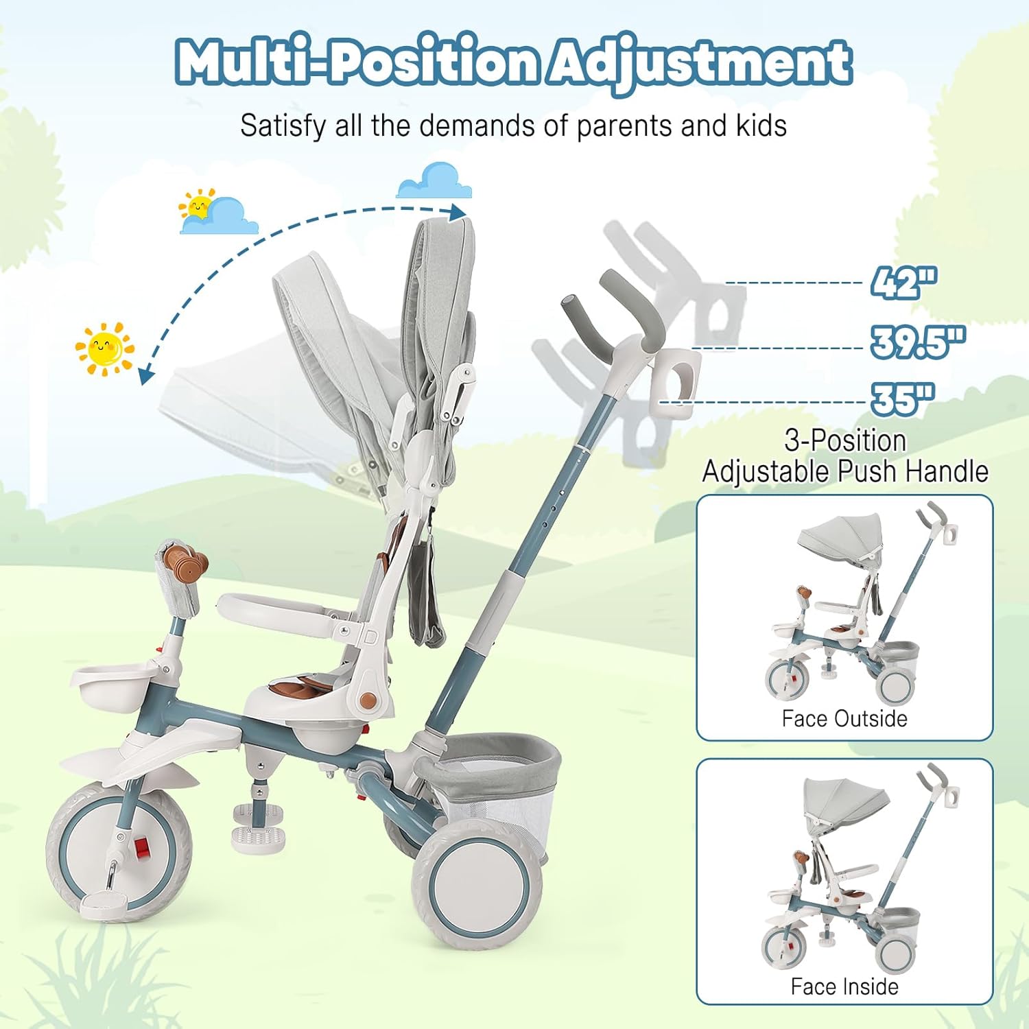 Babevy - Triciclo para bebé, 7 en 1, Plegable con Mango de Empuje Ajustable extraíble, toldo, Asiento Giratorio, arnés de Seguridad, portavasos y Almacenamiento, Triciclo para niños de 1 a 5 años