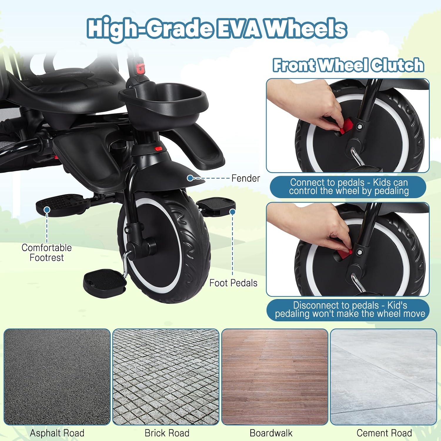 Babevy - Triciclo para bebé, 7 en 1, Plegable con Mango de Empuje Ajustable extraíble, toldo, Asiento Giratorio, arnés de Seguridad, portavasos y Almacenamiento, Triciclo para niños de 1 a 5 años