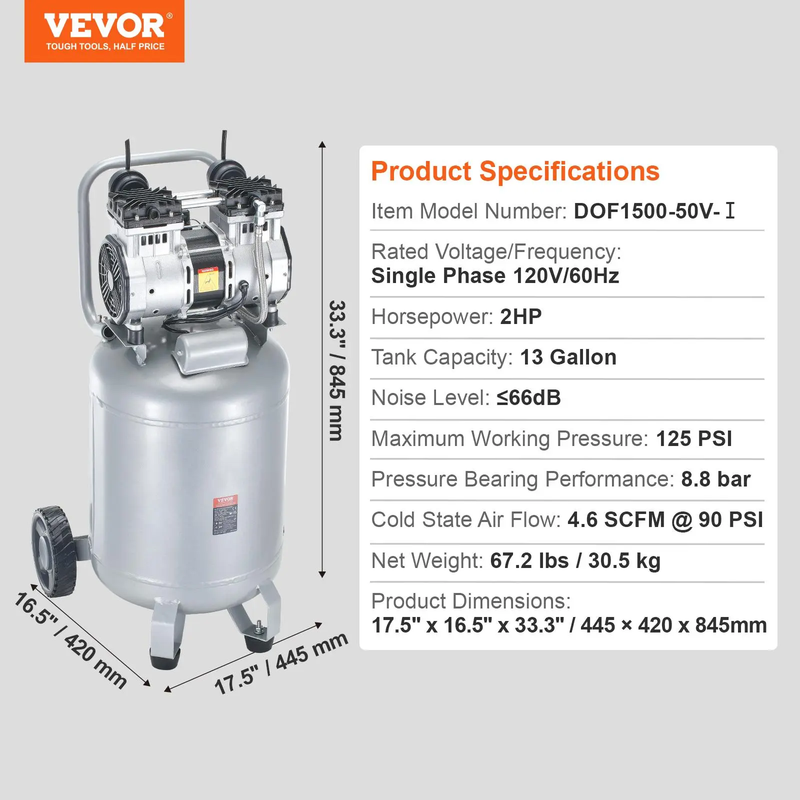 Compresor de aire VEVOR de 13 galones, 2 HP, 4.6 SCFM a 90 PSI, sin aceite, ultra silencioso (66 dB) para inflado de neumáticos, reparación de automóviles, clavado en carpintería y pintura con pistola (presión máx. de 125 PSI)