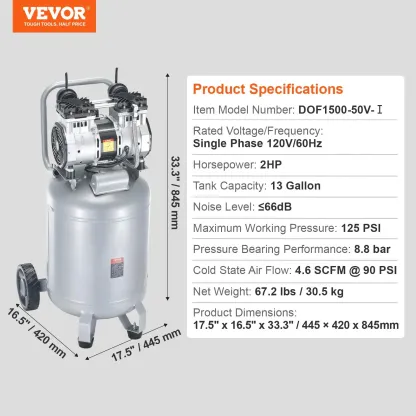 Compresor de aire VEVOR de 13 galones, 2 HP, 4.6 SCFM a 90 PSI, sin aceite, ultra silencioso (66 dB) para inflado de neumáticos, reparación de automóviles, clavado en carpintería y pintura con pistola (presión máx. de 125 PSI)