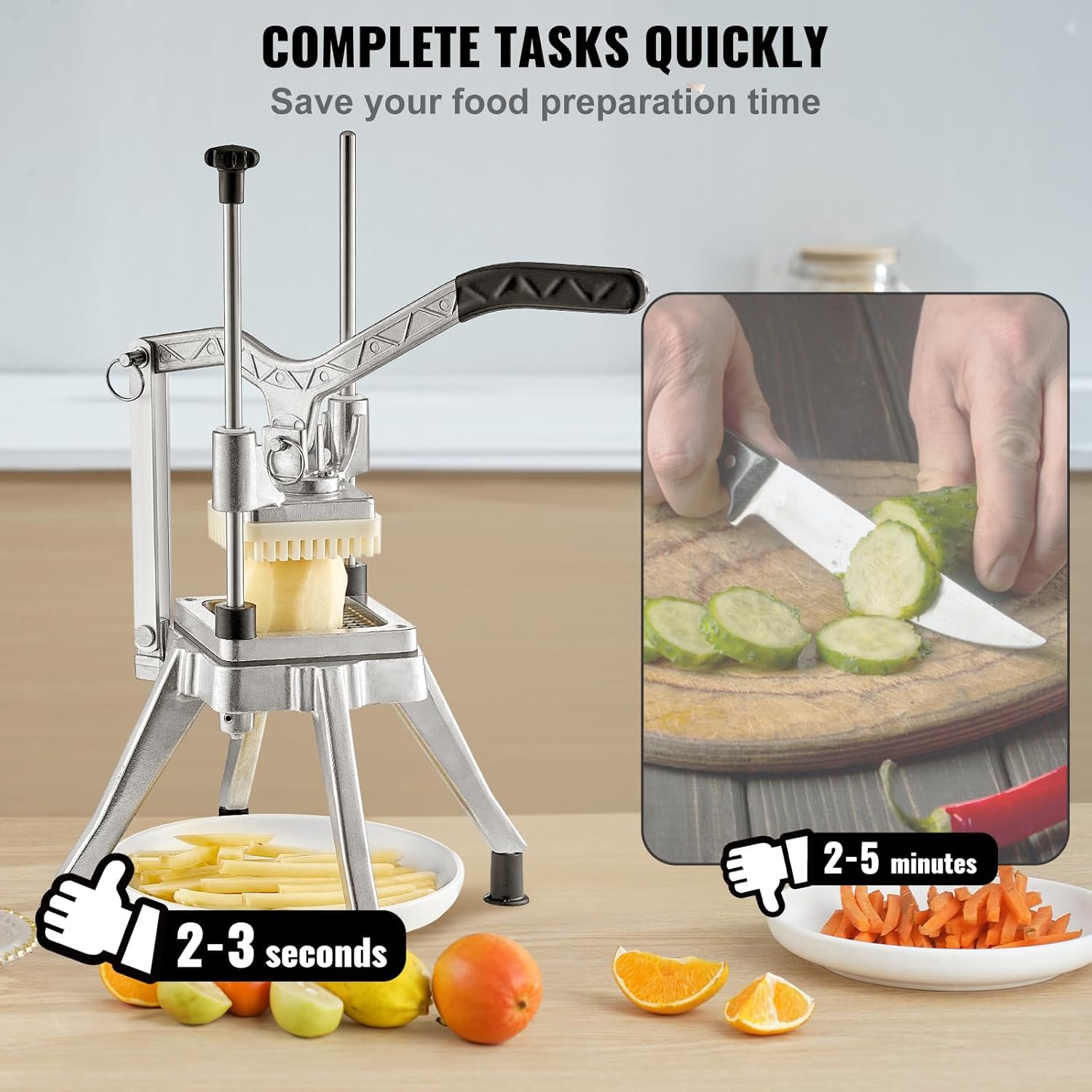 VEVOR - Picador comercial de verduras con 4 cuchillas de repuesto, cortador de patatas francesas de acero inoxidable y cortador de frutas para restaurantes y cocina casera