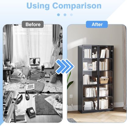 PEUKC - Vitrina con puertas de vidrio, vitrinas con 4 estantes ajustables y cerradura para el hogar, la oficina, la clínica, la despensa, requiere ensamblaje, negro, color madera