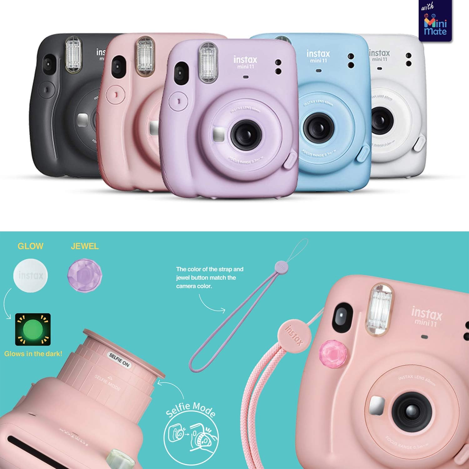 Fujifilm Instax Mini 11 cámara instantánea gris carbón + funda personalizada + película Fuji Instax 20 hojas, paquete doble