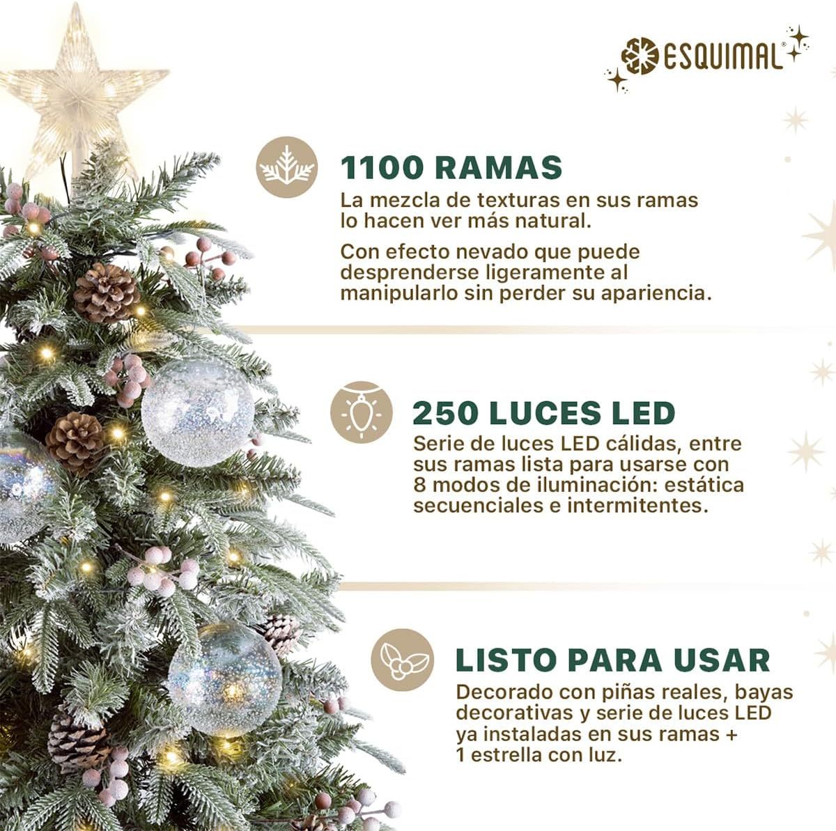 ESQUIMAL Árbol de Navidad Nevado con Luces LED 8 Modos de Iluminación + Estrella + Piñas + Bayas Rojas (1.80 m)