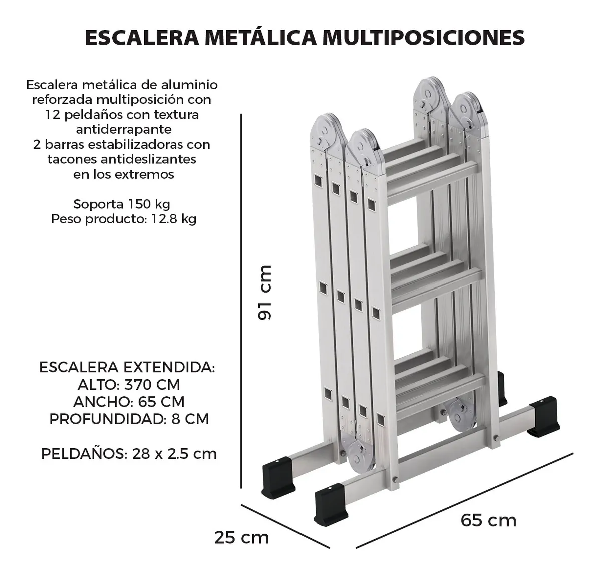 Escalera Plegable Metálica Multiposiciones 12 Peldaños 3.7m