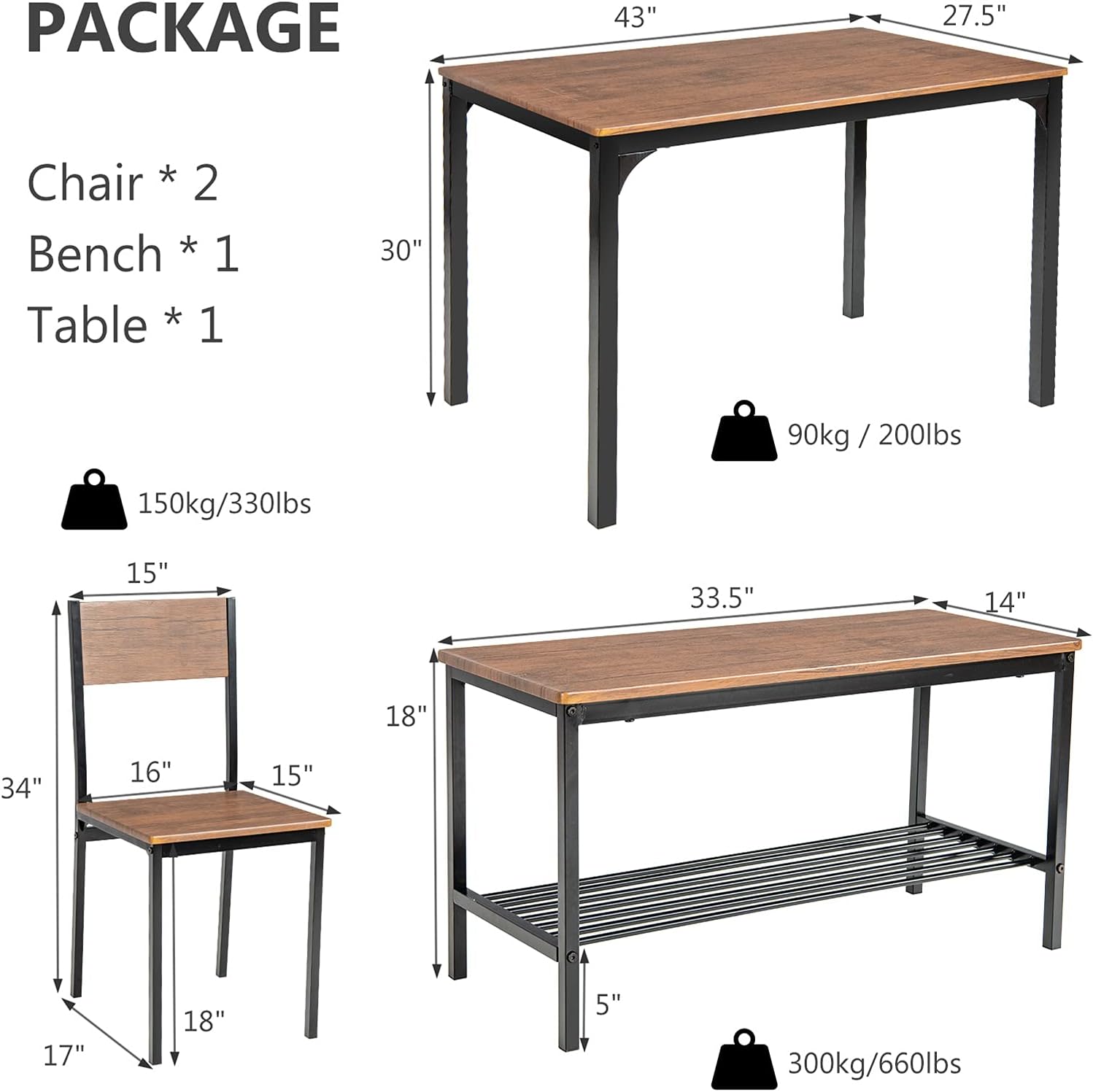 Giantex - Juego de mesa de comedor para 4, mesa de cocina con banco y sillas, banco industrial para reuniones, escritorio funcional, con marco de metal y estante de almacenamiento (marrón)