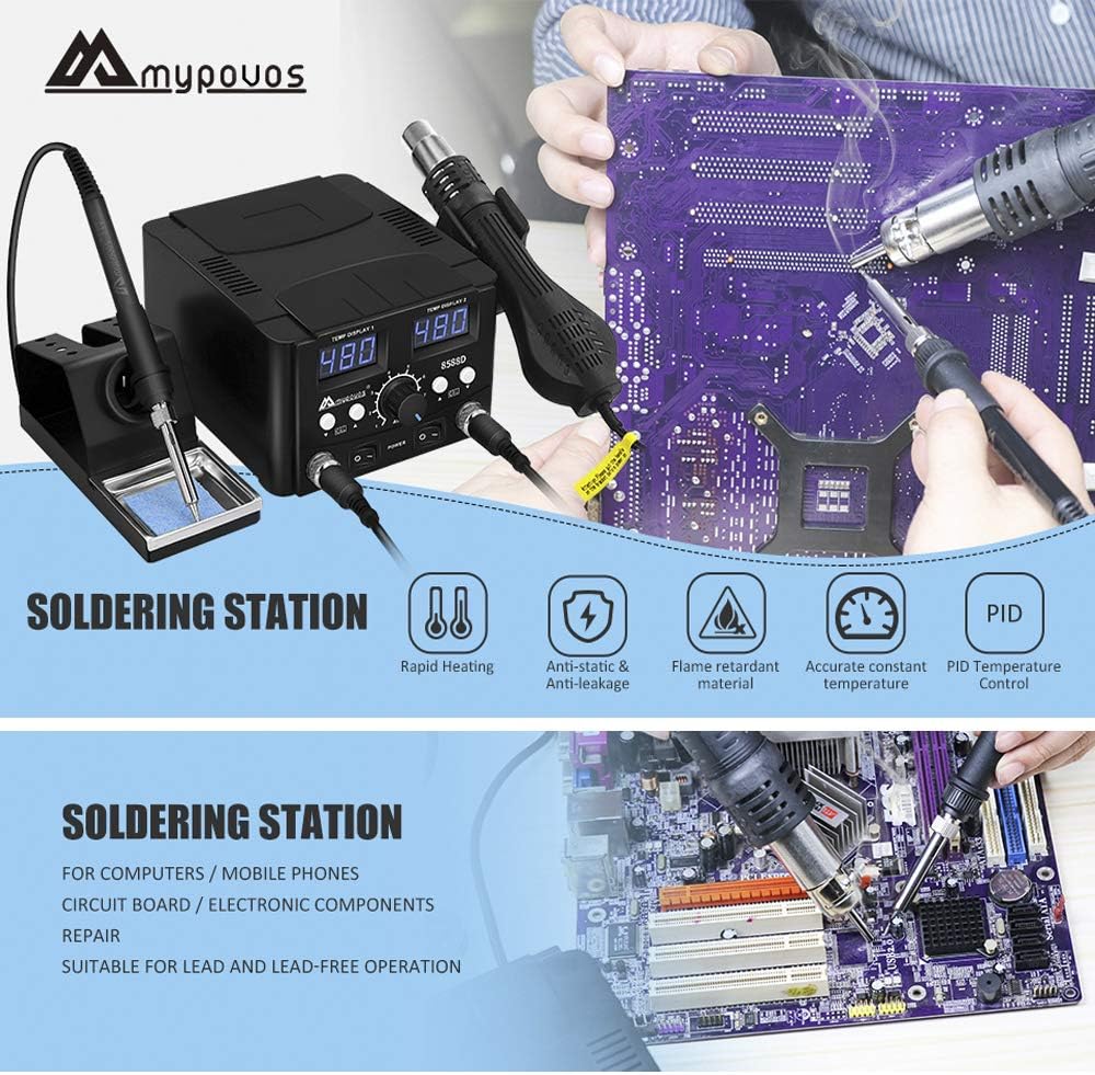 MYPOUOS - Estación de soldadura digital LED 2 en 1 de 750 W, estación de reanudación de pistola de aire caliente, soldador eléctrico para teléfono PCB IC SMD BGA juego de soldadura 110 V (8588D SET1)