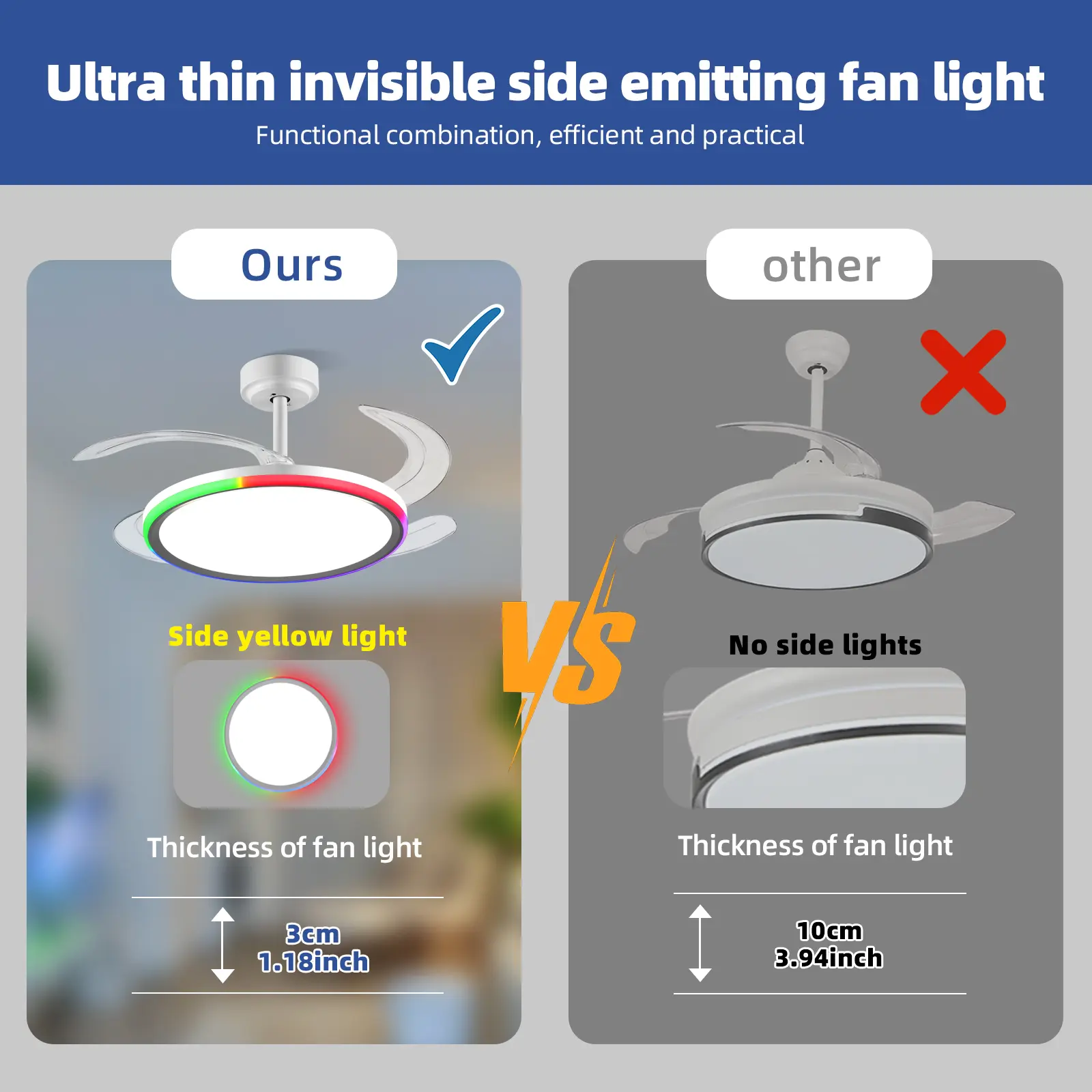 BaySquirrel Slim Invisible Ceiling Fans Lights with Remote Control & App 42 Inch Dimmable Fan 6 Retractable Blades 6-Speed Reversible Adjustable Rgb Lighting 24-Hour Timer Smart Lamp summervibes
