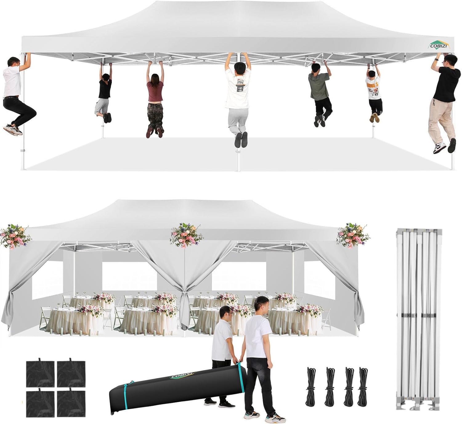 COBIZI - Toldo desplegable de 10 x 20 Pulgadas con 6 Paredes Laterales, toldo Impermeable para Eventos al Aire última intervensión, UPF 50+ cenador portátil para Fiestas, Playa, Camping, Boda,