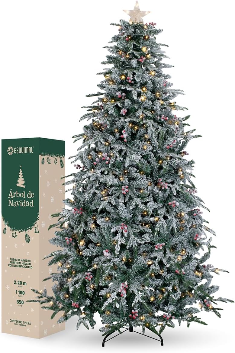 ESQUIMAL Árbol de Navidad Nevado con Luces LED 8 Modos de Iluminación + Estrella + Bayas (Verde Nevado, 1.8 m)