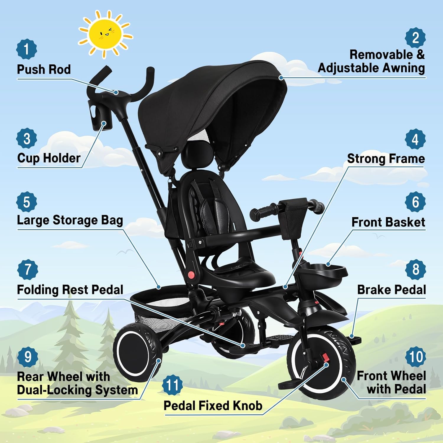 Babevy - Triciclo para bebé, 7 en 1, Plegable con Mango de Empuje Ajustable extraíble, toldo, Asiento Giratorio, arnés de Seguridad, portavasos y Almacenamiento, Triciclo para niños de 1 a 5 años