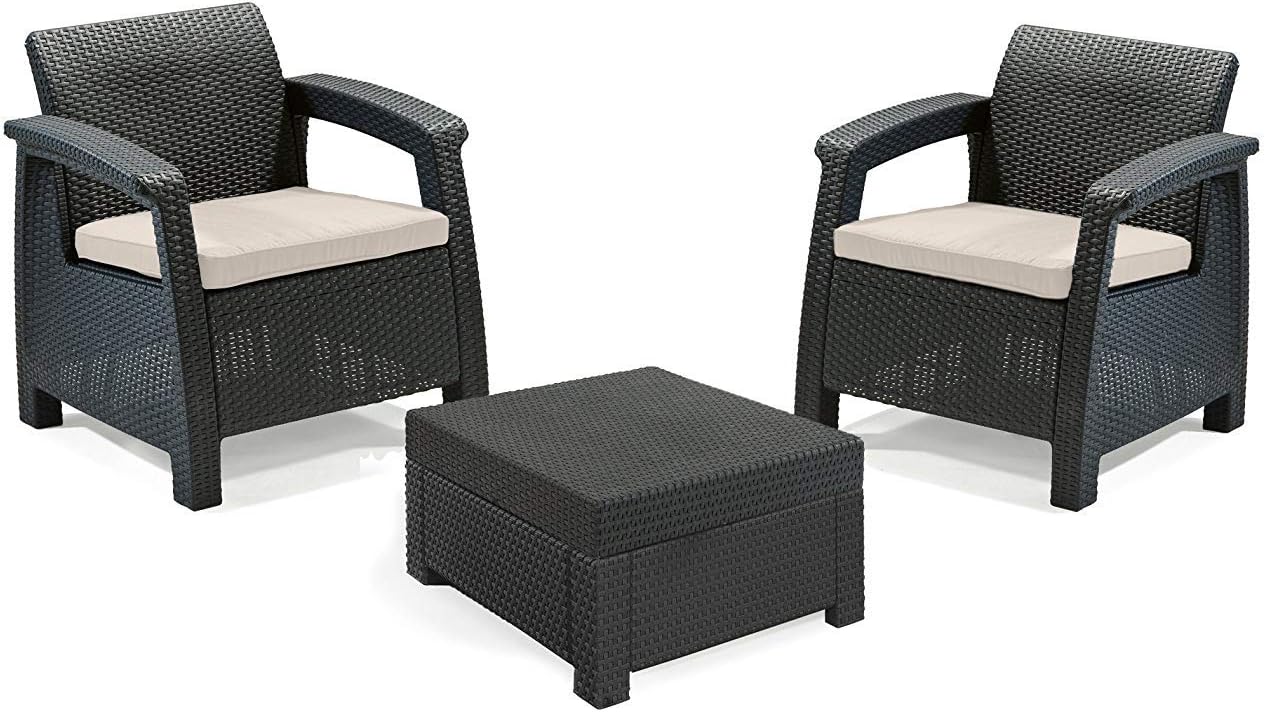 Keter Set de jardín Corfu, 4 Piezas, Sillon Dos plazas de Jardin Estilo ratán, Color Grafito