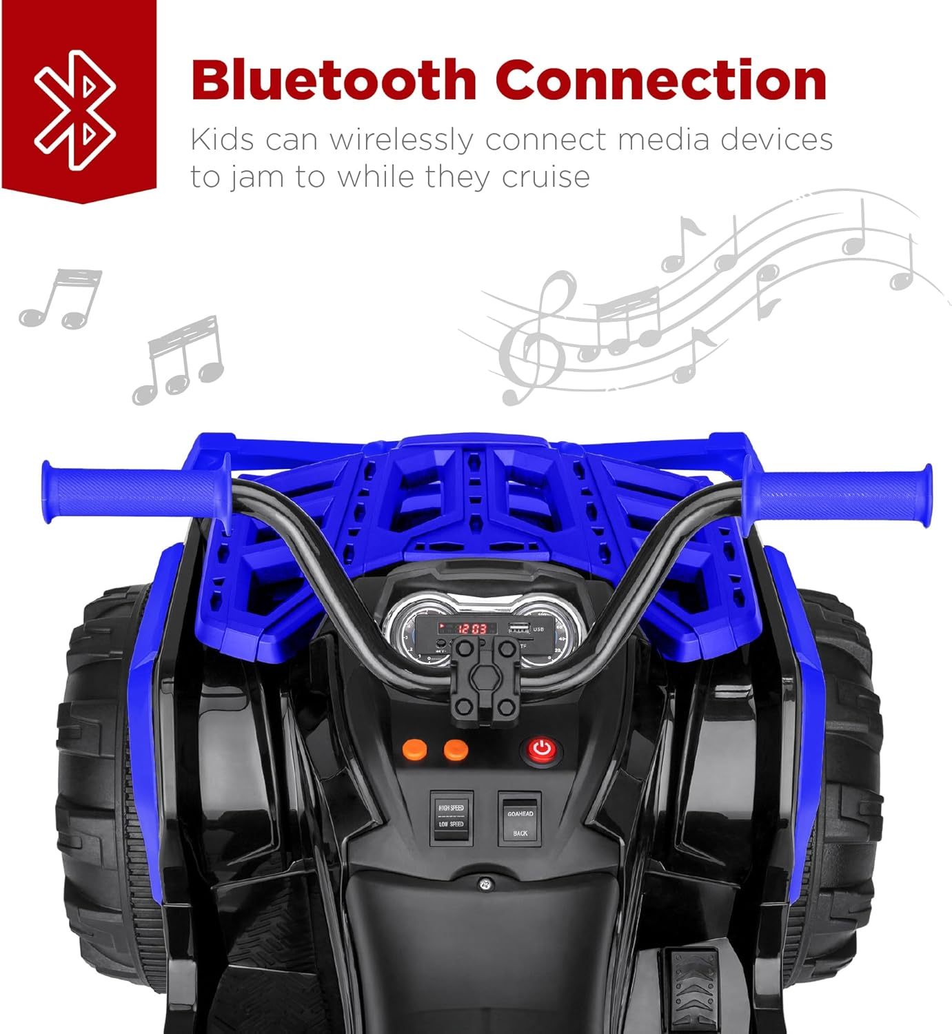 Best Choice Products 12V ATV eléctrico para niños de 4 ruedas con audio Bluetooth, velocidad máxima de 3.7 mph, neumáticos con banda de rodadura, faros LED, radio, color negro