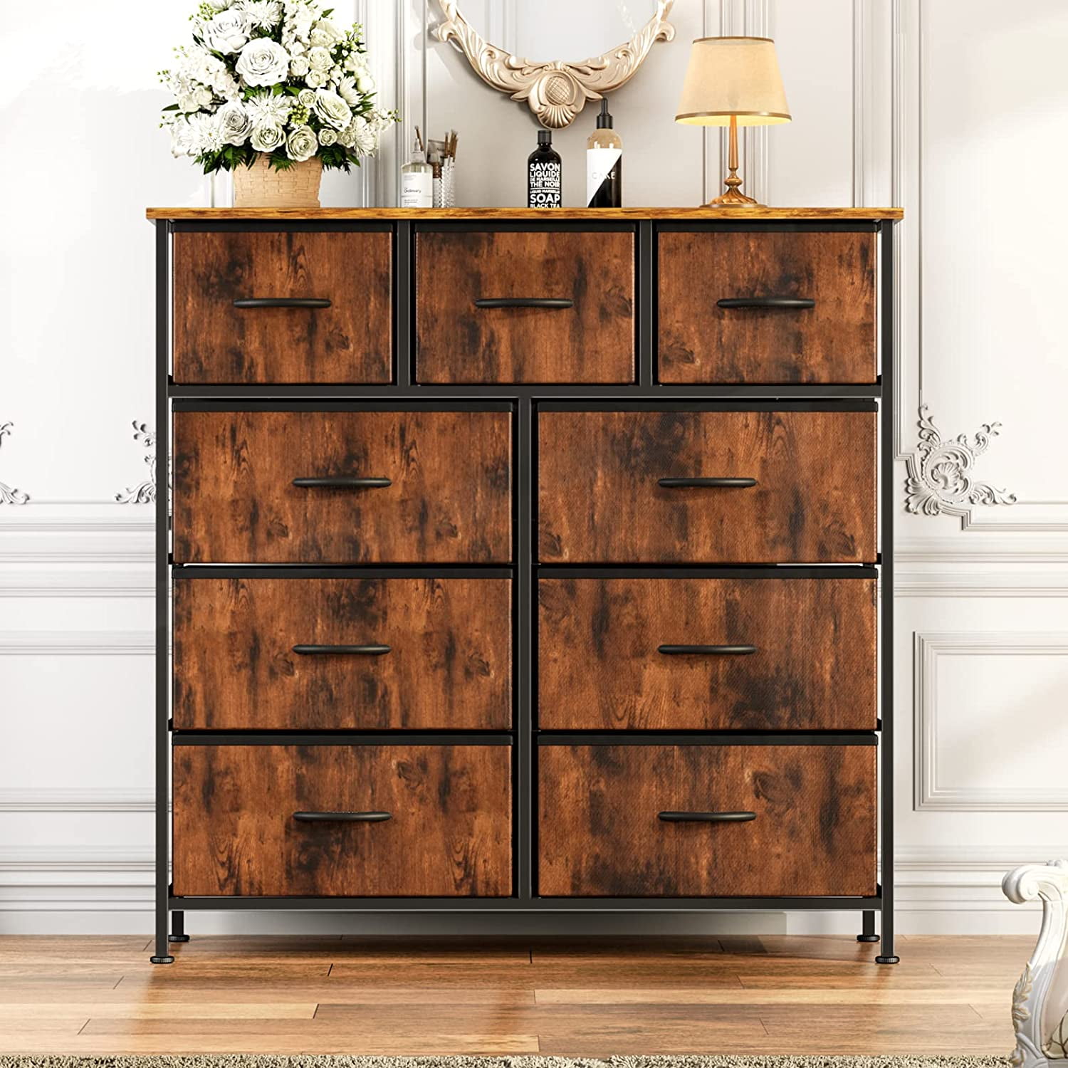 Yanming Cómoda de Tela con 9 cajones, Estructura de Acero y Tapa de Madera para Dormitorio, Armario, Entrada