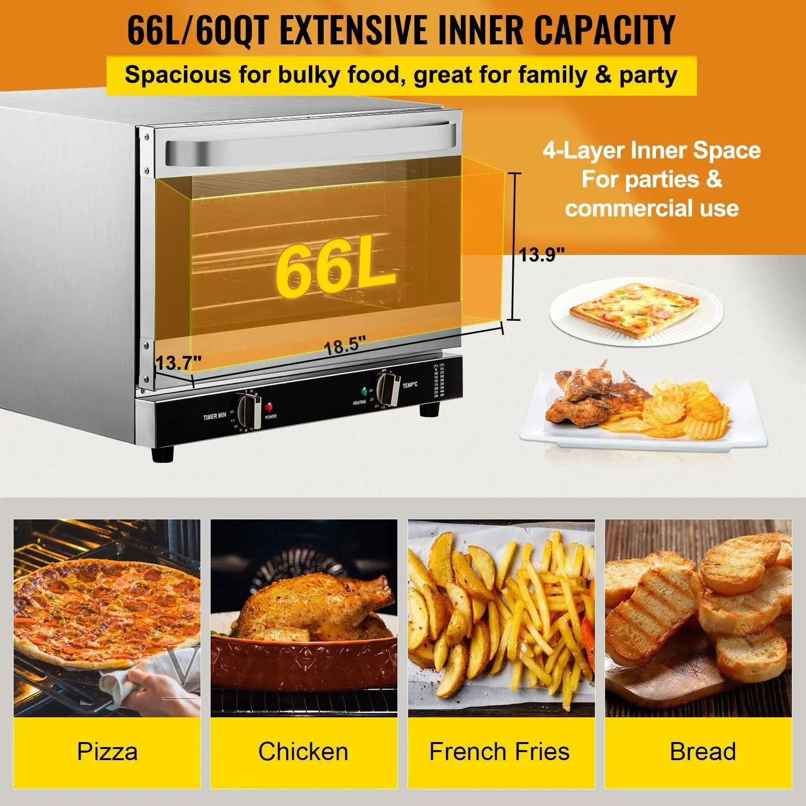 👨‍🍳🍞Horno de convección comercial, 66 L (60 cuartos de galón), 🍕tamaño compacto (half-size) para encimera, 1800 W, 4 niveles, puerta frontal de vidrio, horno eléctrico para hornear con bandejas, rejillas, pinzas y guantes, 120 V, certificado ETL.