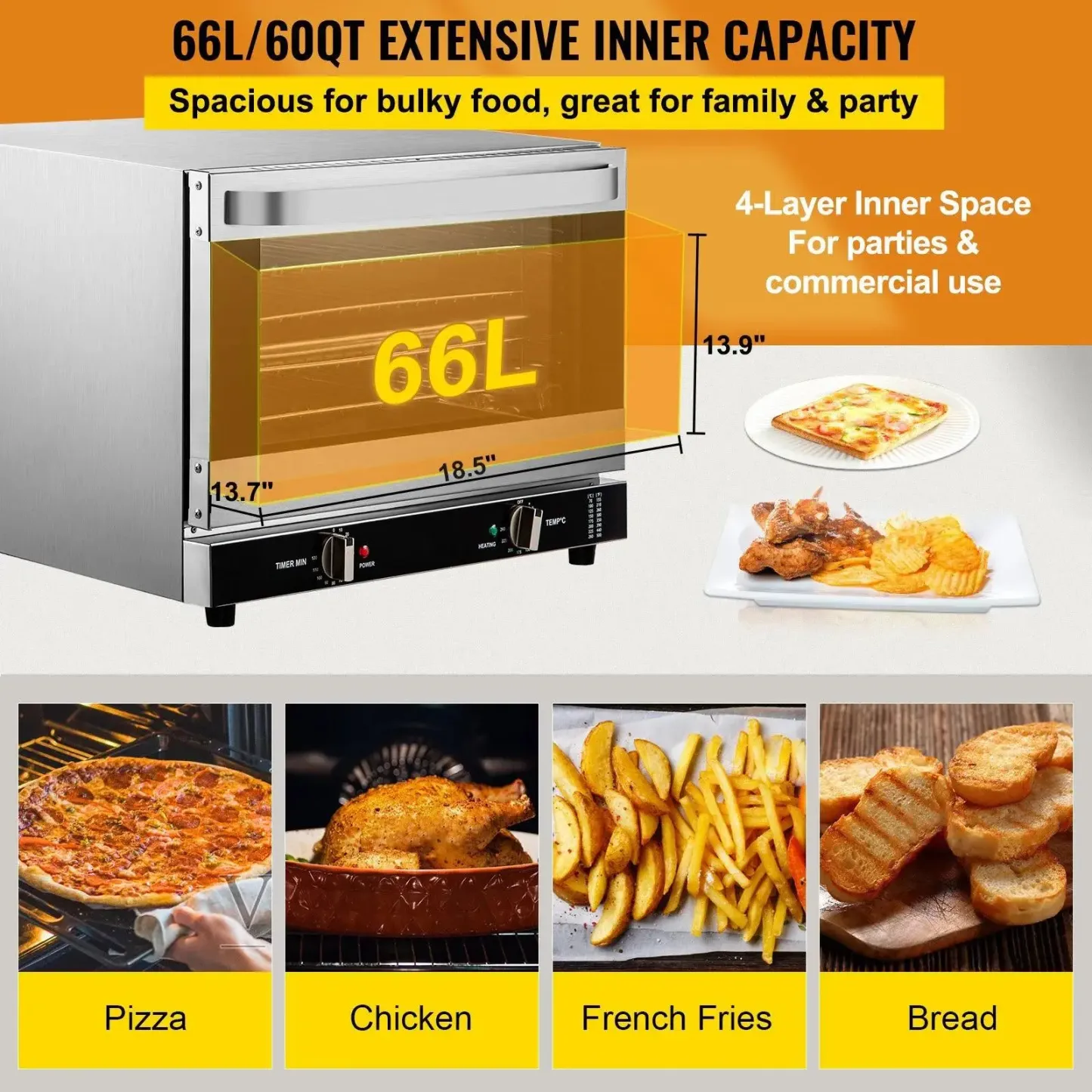 👨‍🍳🍞Horno de convección comercial, 66 L (60 cuartos de galón), 🍕tamaño compacto (half-size) para encimera, 1800 W, 4 niveles, puerta frontal de vidrio, horno eléctrico para hornear con bandejas, rejillas, pinzas y guantes, 120 V, certificado ETL.
