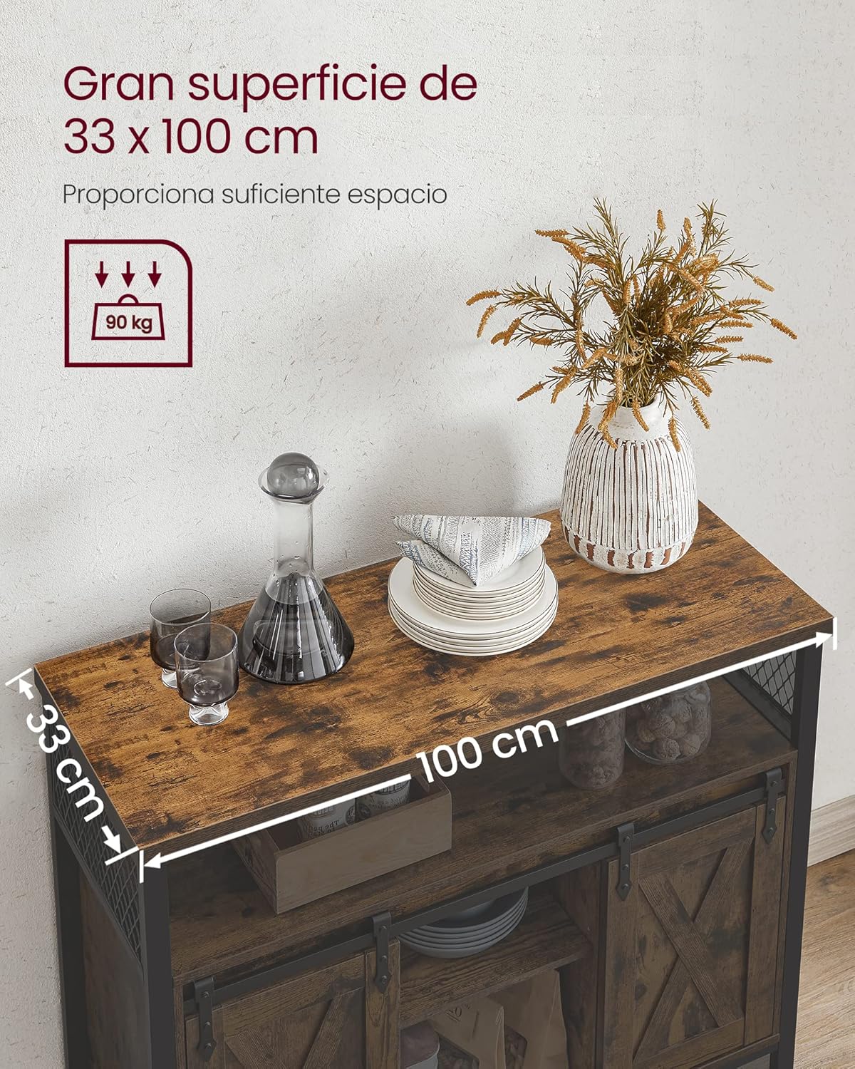 VASAGLE Credenza y Mueble Cocina, Gabinete para Cocina con 2 Puertas Correderas y Repisas, Sala o Pasillo, Marrón Rústico, Negro Tinta, MLSC092B01