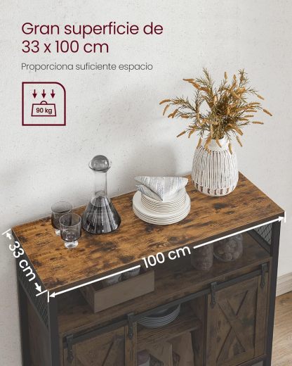 VASAGLE Credenza y Mueble Cocina, Gabinete para Cocina con 2 Puertas Correderas y Repisas, Sala o Pasillo, Marrón Rústico, Negro Tinta, MLSC092B01