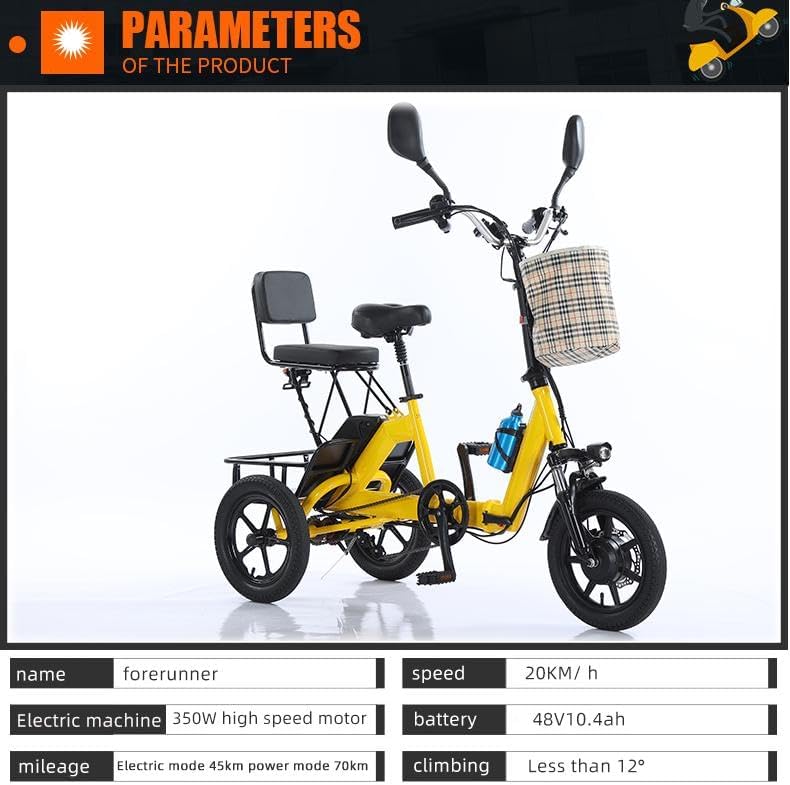 Triciclo eléctrico para adultos, neumático de 14 pulgadas, 3 ruedas, plegable, motor E, 48 V, 350 W, batería extraíble de 10.4 AH, pantalla LCD, bicicleta eléctrica todo terreno de tres ruedas,