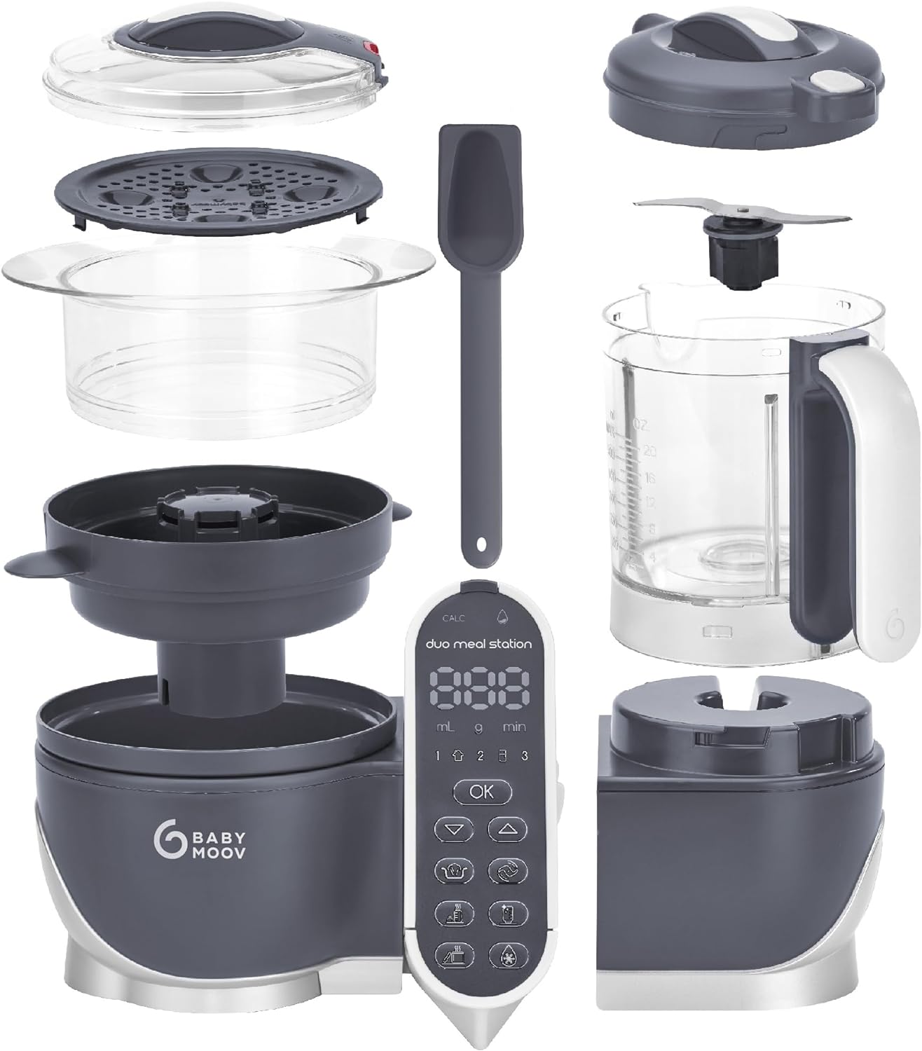 Babymoov Duo Meal 6 en 1: Procesador de Alimentos para Bebés con Vaporizador y Licuadora de Velocidades Múltiples, Calienta y Descongela (Aprobado por Nutricionistas), Gris