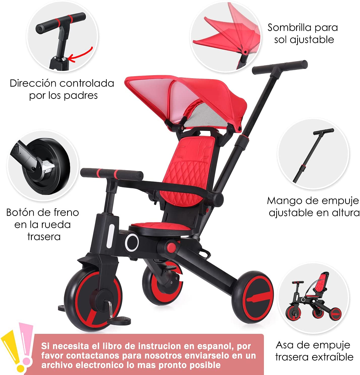 Triciclo de bebé 4 en 1, Bici polivalente, cochecito de dirección plegable, bicicleta de aprendizaje con barandilla desmontable, con toldo ajustable, arnés de seguridad, pedales plegable, freno, asa de empuje para padres, diseño de absorción de impactos,