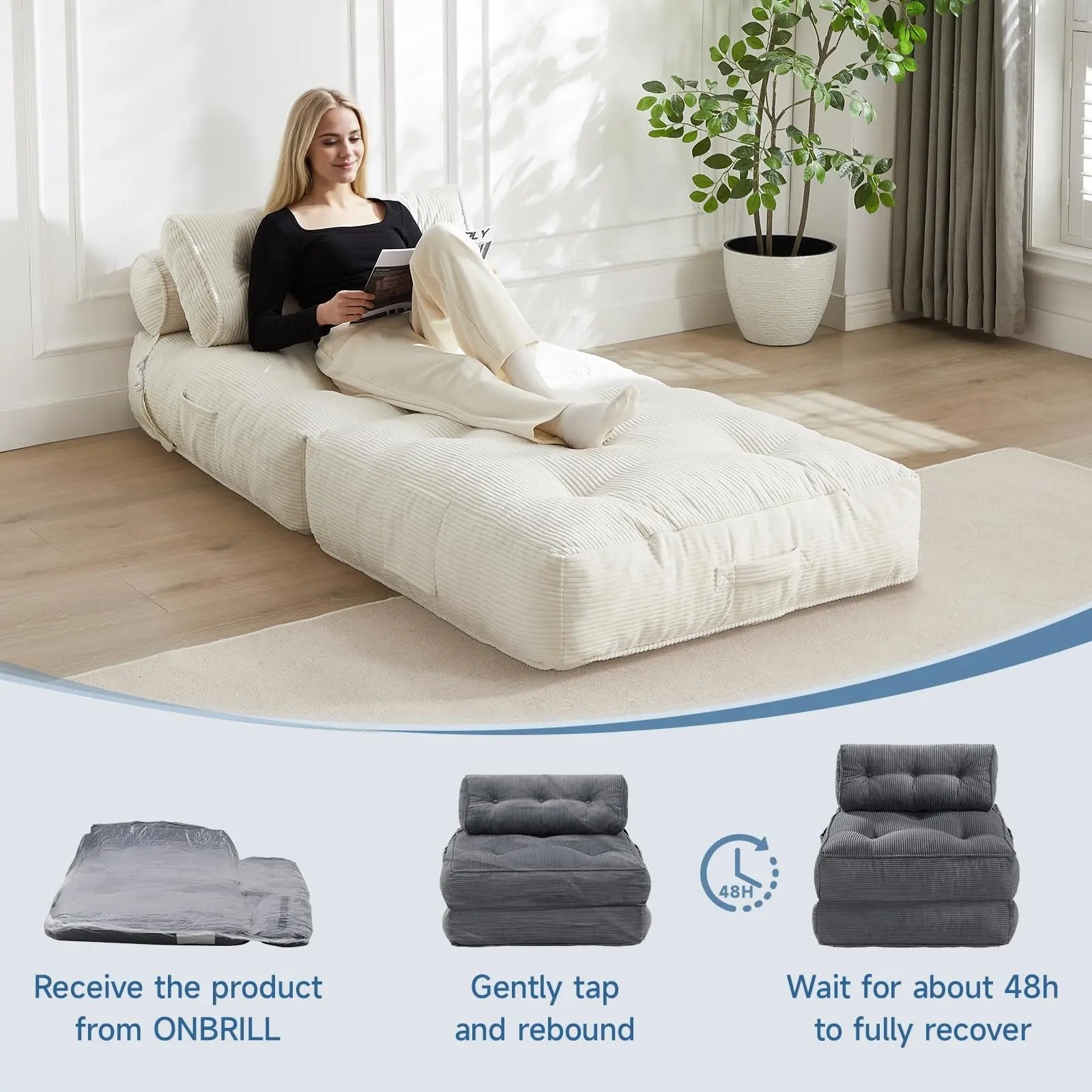 Sofá cama plegable con almohada, sillón convertible con respaldo de apoyo, silla cama plegable portátil de pana, cómodo sofá lounge de suelo para sala de estar — Individual