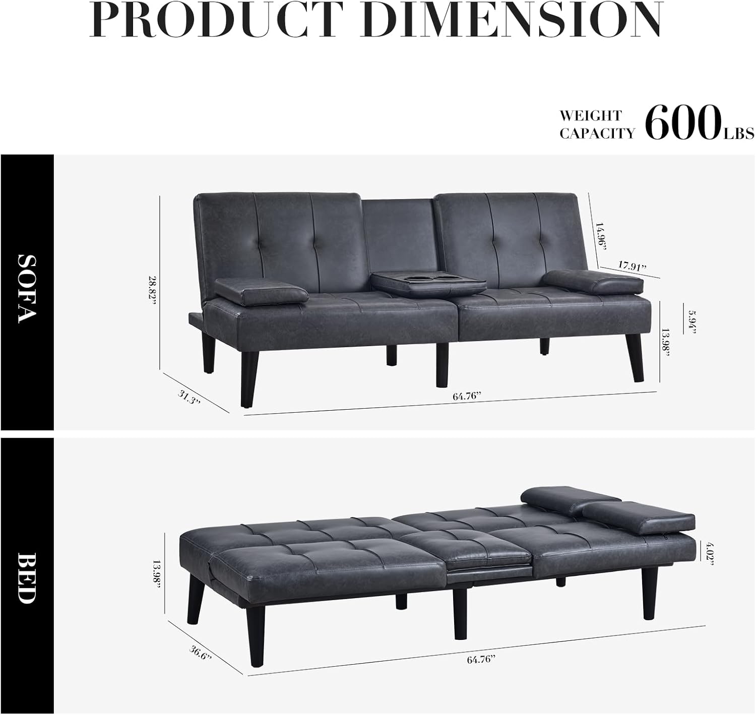 COLAMY - Sofá Cama de futón pequeño, de Piel, futón, sofá de salón, futón Convertible con Soporte para Tazas, reposabrazos extraíble, Respaldo Ajustable, Gris Oscuro