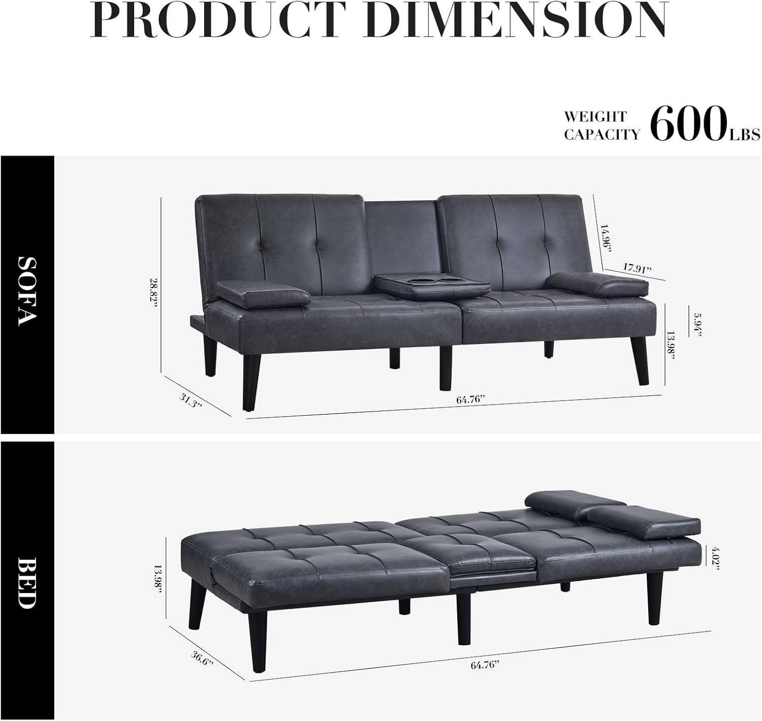 COLAMY - Sofá Cama de futón pequeño, de Piel, futón, sofá de salón, futón Convertible con Soporte para Tazas, reposabrazos extraíble, Respaldo Ajustable, Gris Oscuro