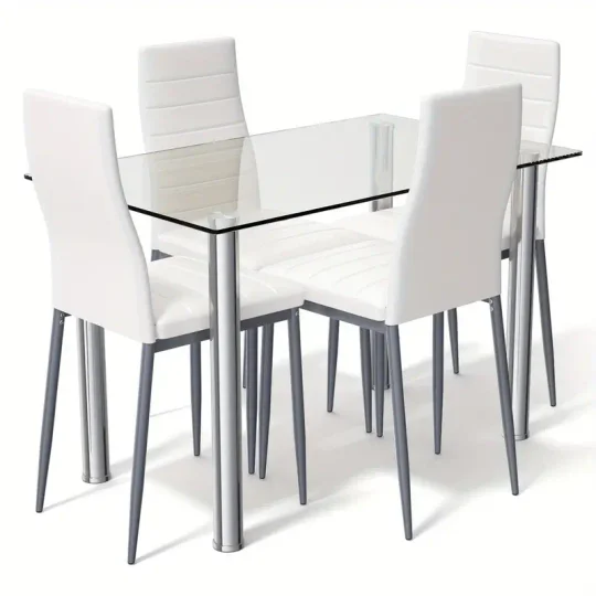 Conjunto de comedor de 5 piezas, mesa y 4 sillas, muebles de cocina y desayuno de vidrio y metal.
