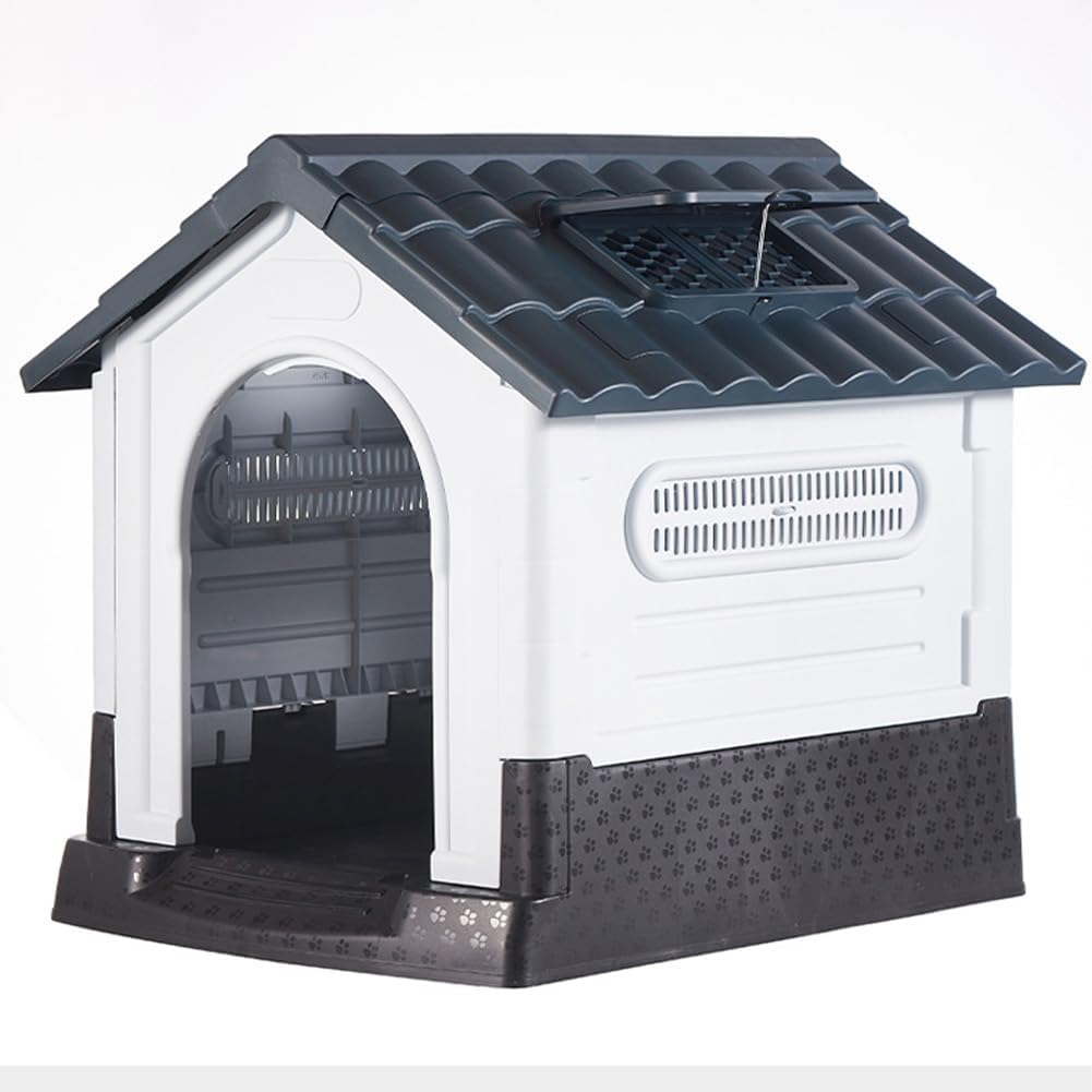 JIUSILIFE Casa Grande para Perros, Casa para Perros Tanto para Interior como para Exterior, con Techo Solar Ajustable Y Base Elevada, Fácil Montar, con Aseo, Casa Plegable Impermeable,Gray,M
