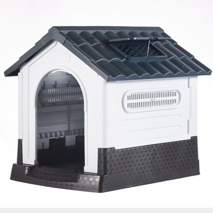 JIUSILIFE Casa Grande para Perros, Casa para Perros Tanto para Interior como para Exterior, con Techo Solar Ajustable Y Base Elevada, Fácil Montar, con Aseo, Casa Plegable Impermeable,Gray,M