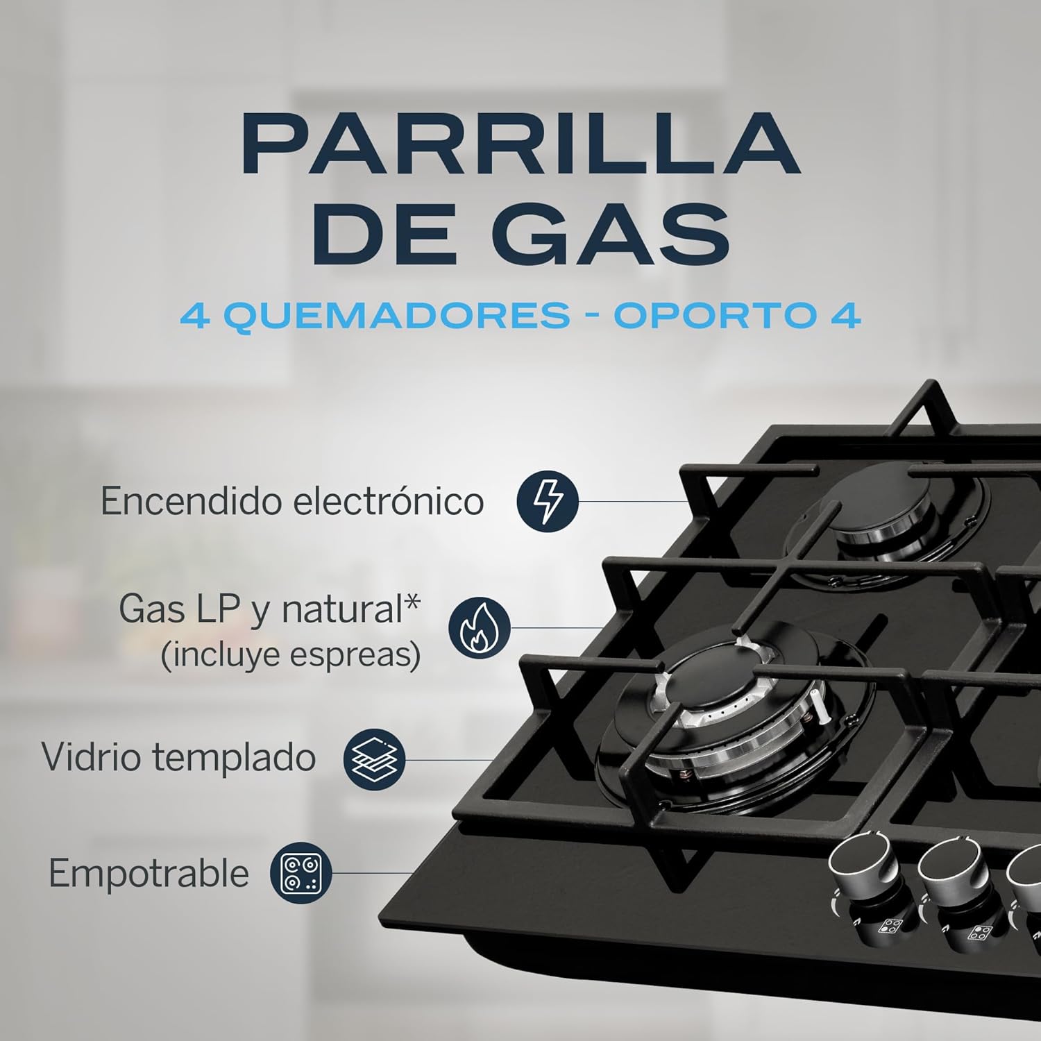 Parrilla De Gas Empotrable 4 Quemadores | Vidrio Templado | Gas LP Y Gas Natural | Encendido Electrónico | Estufa De Mesa | Parrilla De Inducción | Fácil Limpieza