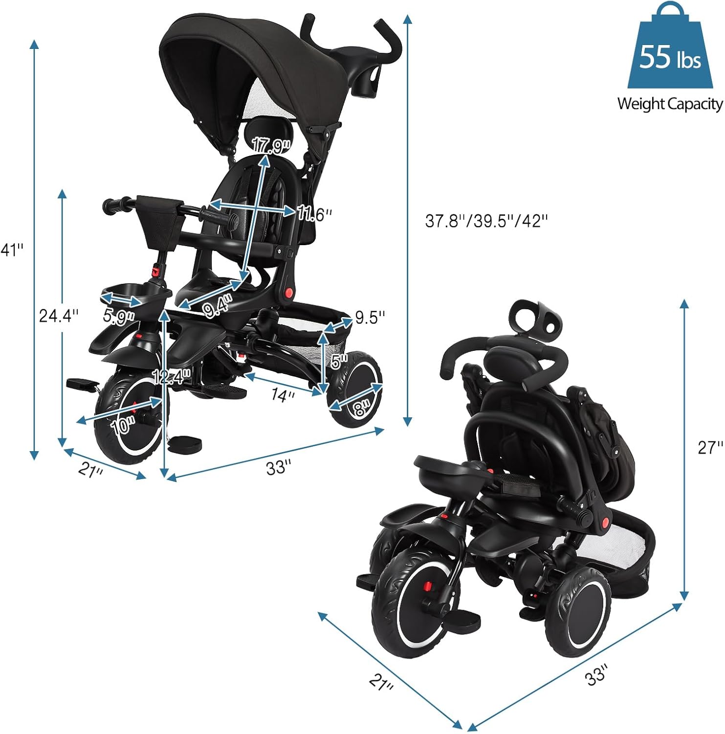 Babevy - Triciclo para bebé, 7 en 1, Plegable con Mango de Empuje Ajustable extraíble, toldo, Asiento Giratorio, arnés de Seguridad, portavasos y Almacenamiento, Triciclo para niños de 1 a 5 años